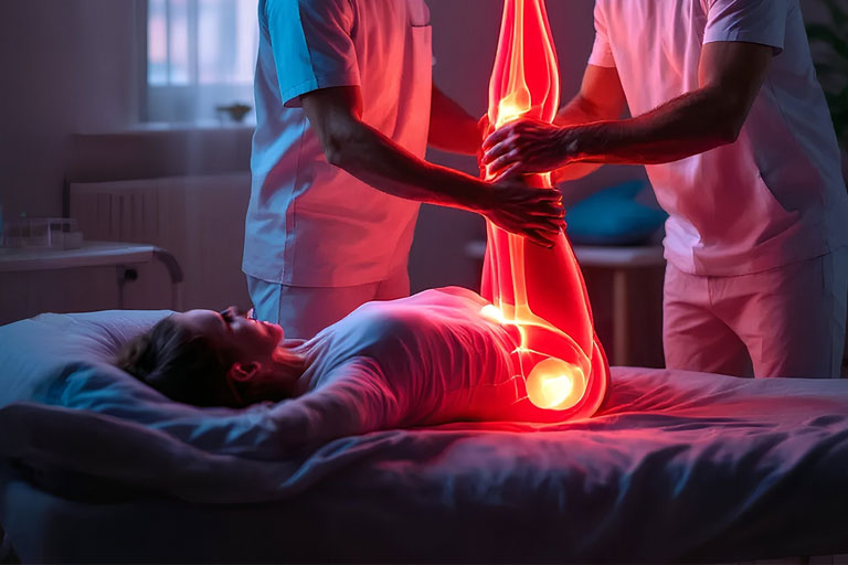 2 χειροπράκτες ασκούν πιέσεις στο μηρό ασθενούς